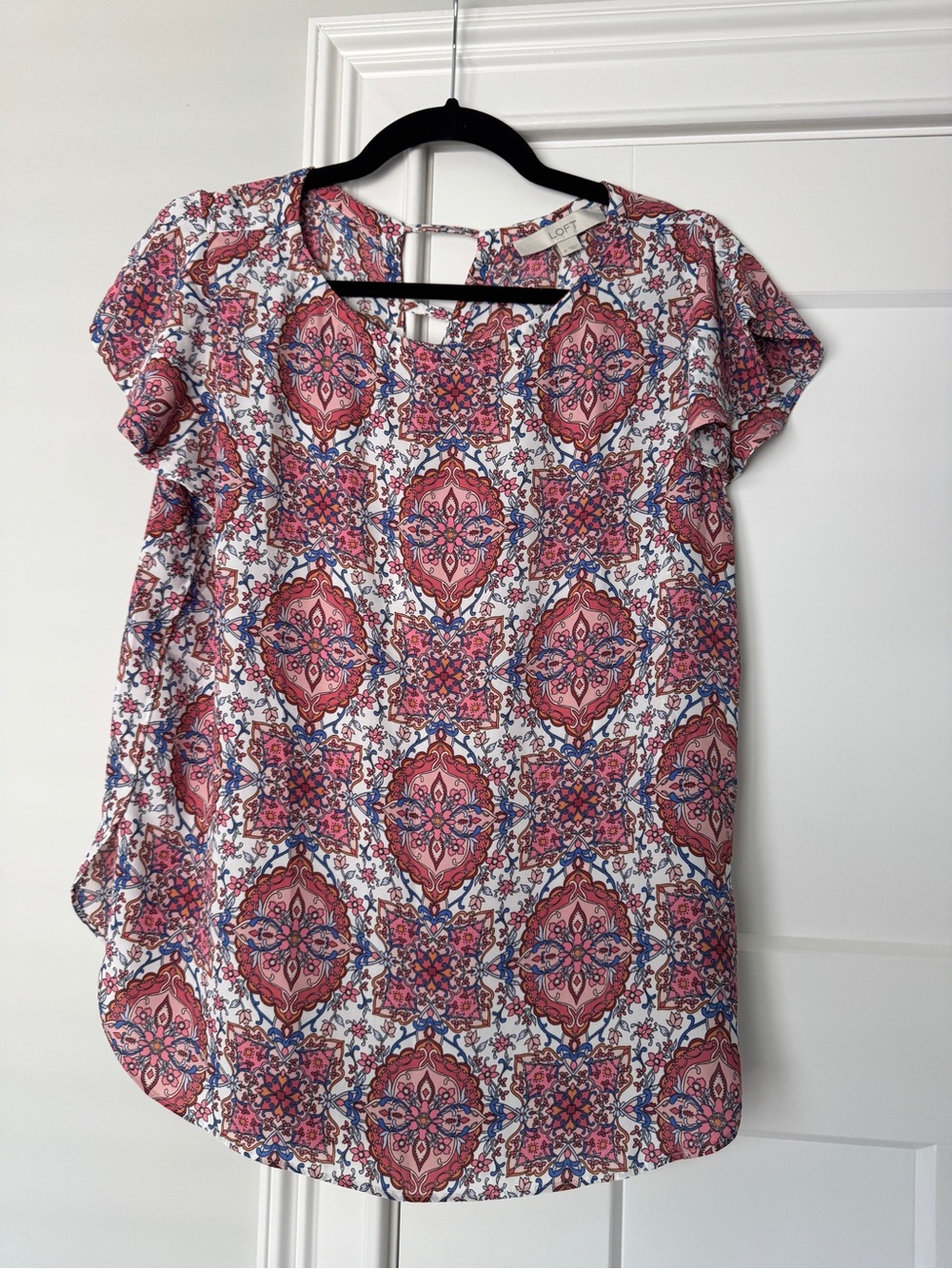 LOFT Pink and Blue Medallion Cap-Sleeve Blouse